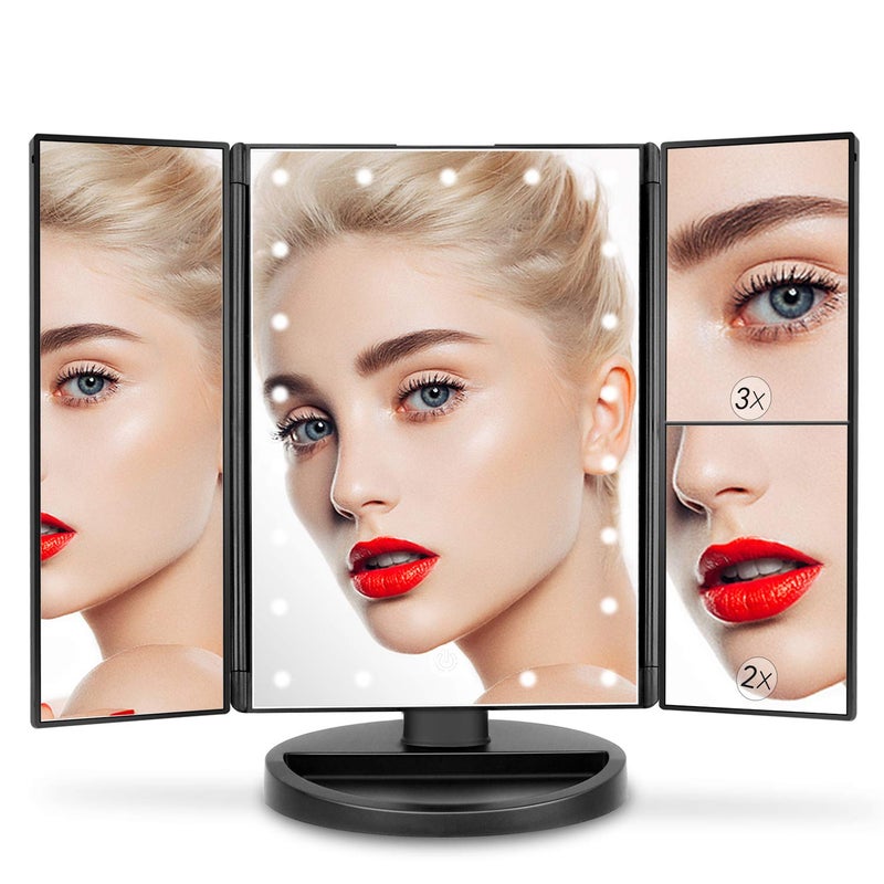 deweisn Tabletop Mount Trifold Lighted Vanity Mirror with 21 LED Lights, Touch Screen and 3X/2X/1X Magnification, Two Power Supply Mode Make up Mirror,Travel Mirror - Image 5